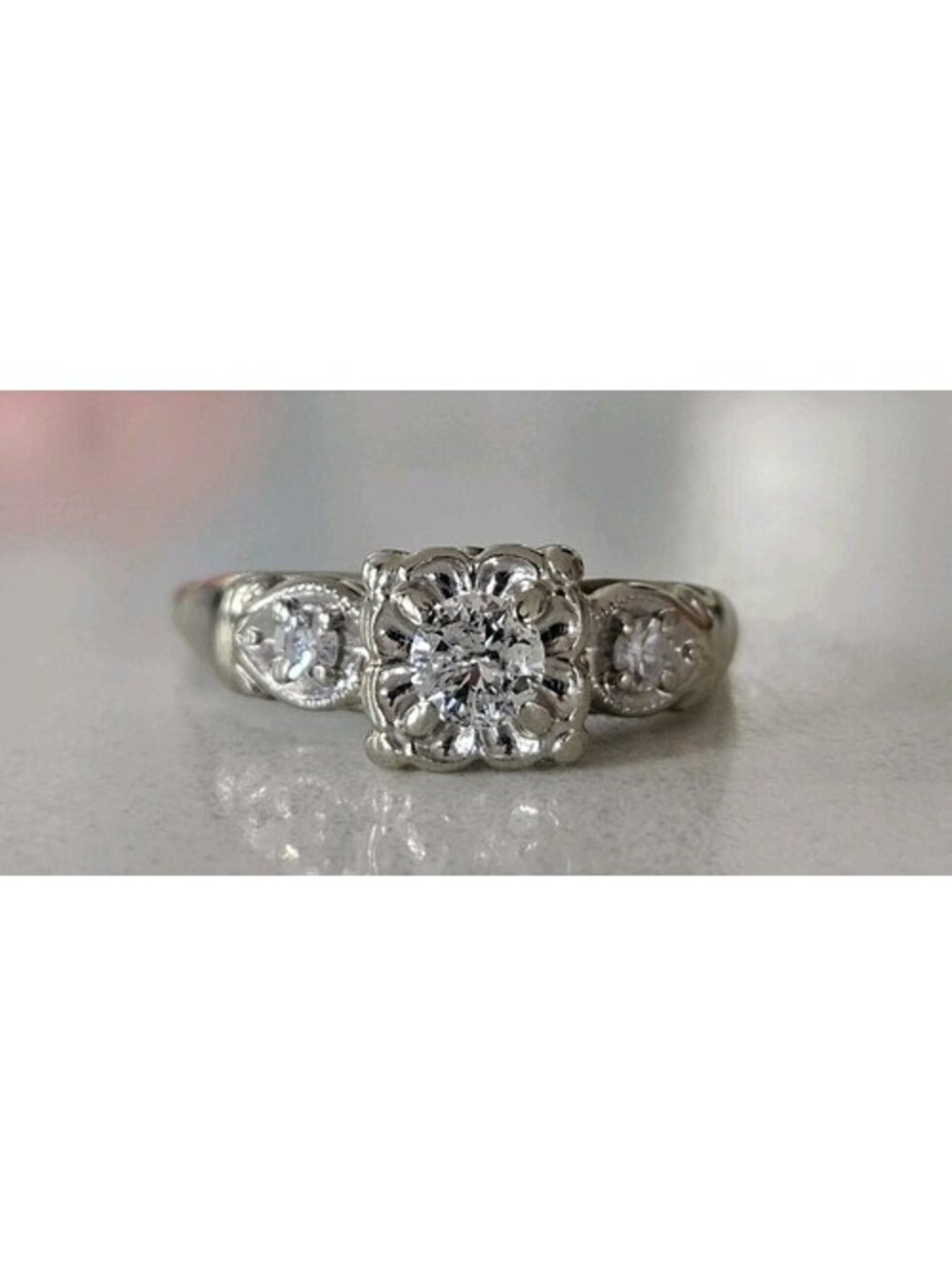 Vintage Art Deco 14k White Gold Natural Quality Diamond Engagement Ring